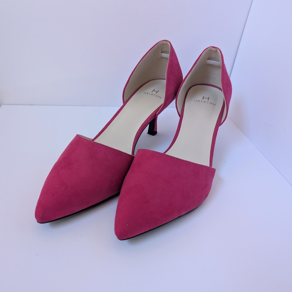 Halston Heritage D'Orsay Vegan Sued Fuchsia Pink Pointed Toe Kitten Heels